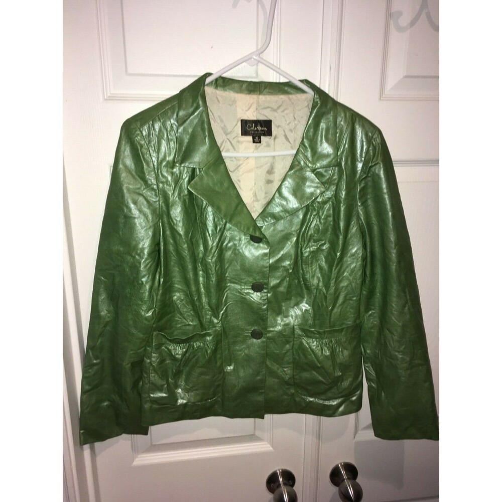 Cole Haan Collection Women's Leather Jacket Size 10 Small Metallic Olive Green